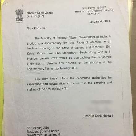 Letter from the Ministry of External Affairs, 4 January 2001