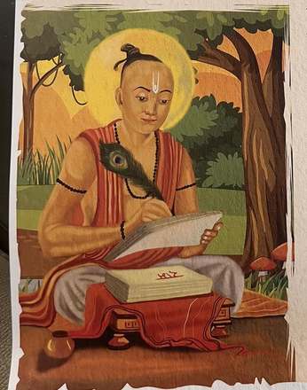 Illustrated plate of Tulsidas writing with a peacock feather
